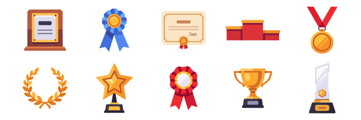 Awards icon set with trophies medals ribbons with award plaque, ribbon, certificate, crystal trophy, gold medal, laurel wreath, rosette ribbon, star, cup, winner podium