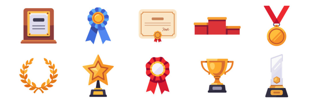 Awards icon set with trophies medals ribbons with award plaque, ribbon, certificate, crystal trophy, gold medal, laurel wreath, rosette ribbon, star, cup, winner podium
