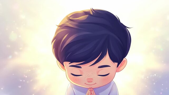 Boy with hands pressed together in a greeting and praying motion, then smiling, then closing eyes for peaceful reflection
