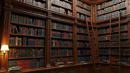 Grand traditional library with floor to ceiling wooden bookshelves.