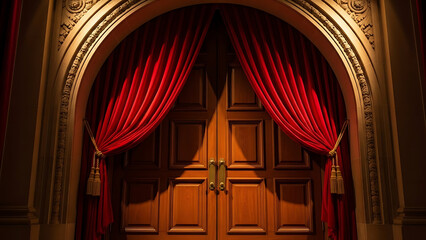 Grand wooden double doors with luxurious red velvet curtains.