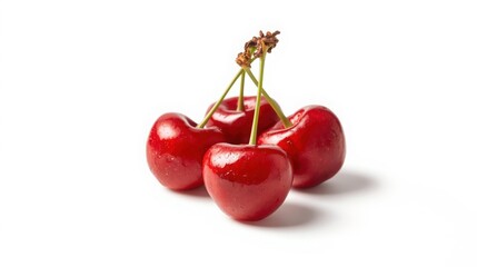 Four ripe cherries with vibrant red color and slight sheen on stems isolated on white background for healthy eating and nutrition concepts