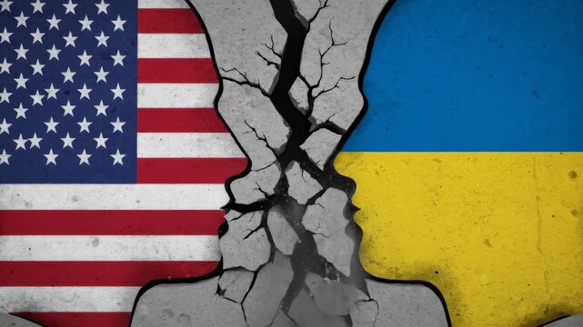 USA and Ukraine political heads with cracking wall. Friendship and disagreement concept between countries. Political relationship of two states.