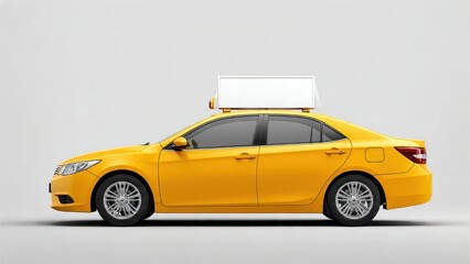 Isolated Bright Yellow Taxi Car Sedan Side View with Blank Roof Ad Billboard Mockup. Transport advertising and urban travel concept on gray studio background.
