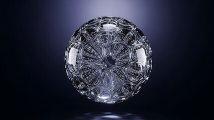 Intricate transparent glass sphere with geometric hollow structure on a dark background, conceptual luxury and science design