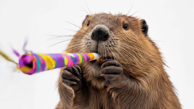 Happy Beaver Blowing Party Horn Celebration Animal.