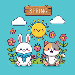 Fototapeta premium Cute bunny and cat sitting in a spring garden with flowers and a smiling sun.