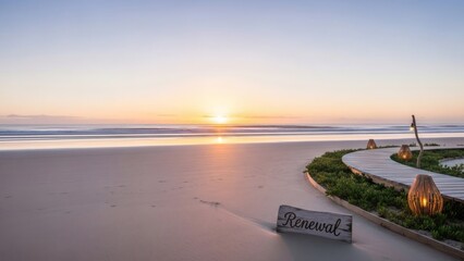 Serene sunrise over a tranquil beach with a pathway inviting renewal and peace.