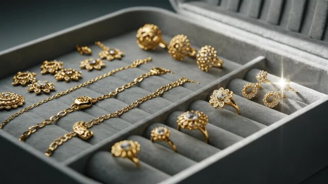 Golden jewelry in gray box to showcase luxury accessory. Fashion and elegance concept for women.