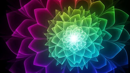 Luminous Multi-Colored Lotus Petal Design with Bright Glowing Center on Dark Background