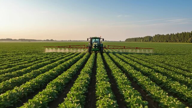 Tractor spraying pesticide or herbicide on green crop field. Agricultural vehicle working in farmland, rural landscape.