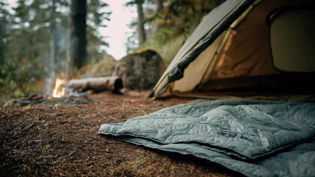 Medium shot capturing an insulated ground sheet on a chilly campsite emphasizing its thermal properties and comfort for extended outdoor stays.