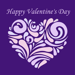 Elegant ornamental heart made of decorative swirls on a purple background with Happy Valentine&rsquo;s Day text. Romantic vector illustration symbolizing love, affection, tenderness and celebration. 