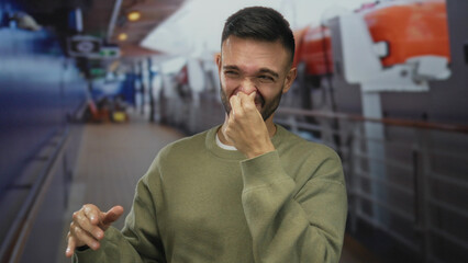 Young man on a cruise boat pinches his nose in discomfort due to unpleasant smell, capturing a...