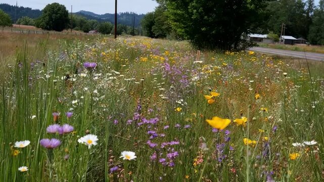 Medium shot of native pollinator strip showcasing diverse wildflowers and grasses supporting local bee and butterfly populations in a natural habitat.