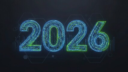 Neon 2026 numbers with digital circuit patterns year