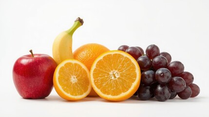 A vibrant and fresh mixed fruits composition featuring a red apple, sliced oranges, a banana, and a cluster of purple grapes on a clean white background