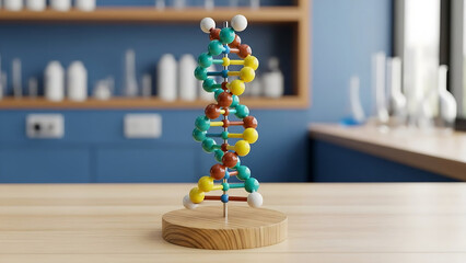 Dna molecule model on wooden base, science and genetics concept in laboratory setting