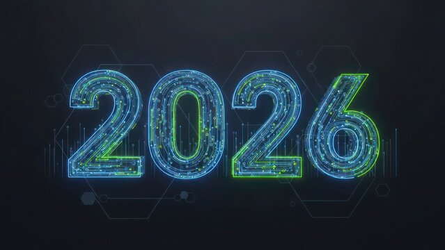 Neon 2026 numbers with digital circuit patterns year - Powered by Adobe