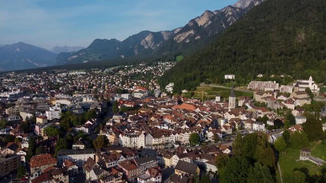 An aerial panorama view around the Old town of the city Chur in Switzerland on a sunny summer day 
