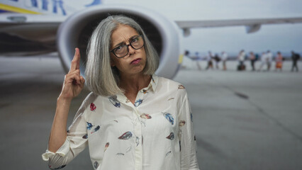Woman points finger to temple at airport tarmac beside a jet engine and queued passengers, frowning...