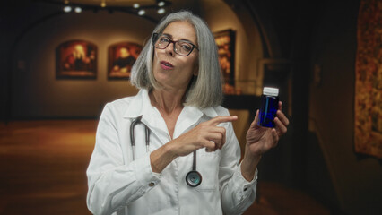 Woman doctor middle aged grey haired wearing stethoscope points finger to blue medicine bottle in gallery building while explaining dosage; trust health guidance.