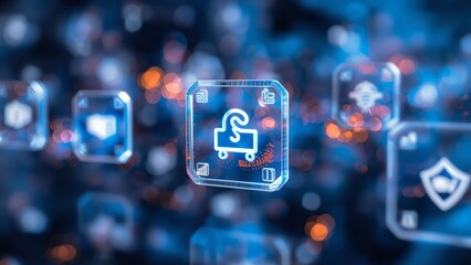A futuristic digital shopping cart icon surrounded by various security and technology symbols in a blurred blue and orange background