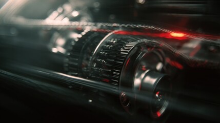 a car engine at high RPM, blurred motion of belts and pulleys, cinematic light flares, sense of power and speed