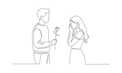 Obraz premium A man gently offers a single red rose to a surprised woman in a continuous line illustration style