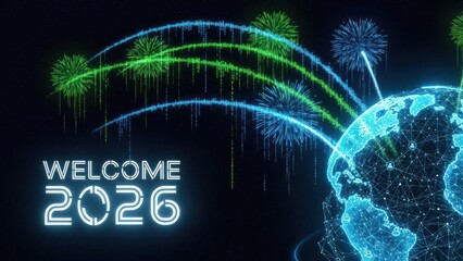 Welcome 2026 digital globe with blue green fireworks