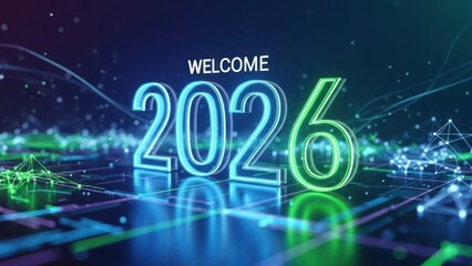 Welcome 2026 neon numbers glowing on digital grid new year