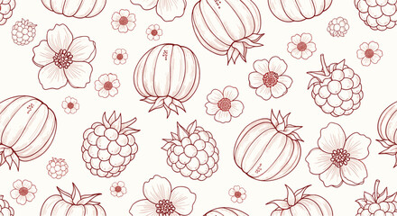 Exquisite botanical pattern in a monochrome red tone features detailed raspberries, flowers, and foliage on a soft cream background for style.