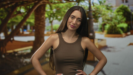 Fototapeta premium Young hispanic woman with hands on hips wearing brown tank top standing in street by green trees and benches; confidence natural ease.