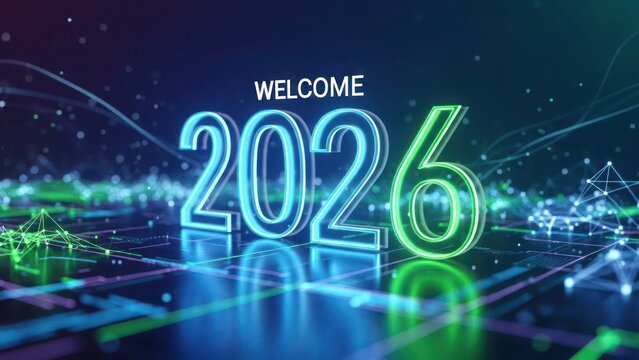 Welcome 2026 neon numbers glowing on digital grid new year - Powered by Adobe