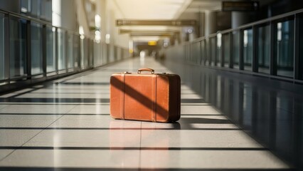 Vintage suitcase left alone in a sunlit airport corridor, evoking travel and anticipation.