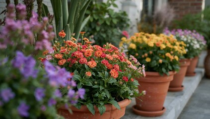 Naklejka premium Floral Array in Terracotta Pots, A Garden Display of Textural Abundance and Color Harmony.