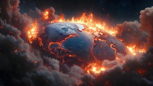 Global Warming Concept with Earth on Fire Surrounded by Smoke and Clouds in Space