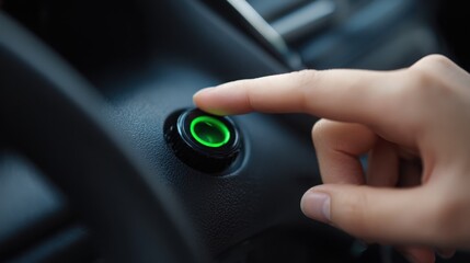 a driver pressing a small round gas button on the dashboard, glowing green LED, soft finger focus, realistic