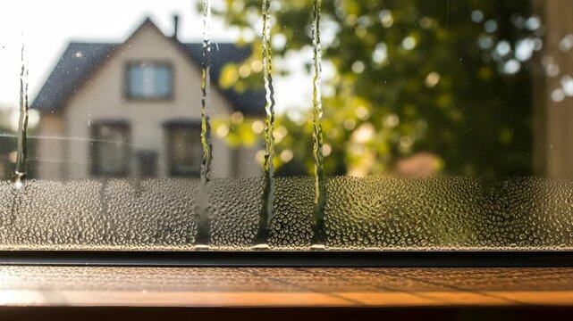 Raindrops on a window with a blurry residential house and green trees in the background, showing water running down the pane.