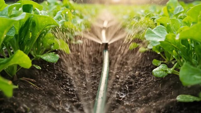 Automatic drip irrigation system watering fresh green plants in an agricultural field. Garden sprinkler providing water for farm crop development.