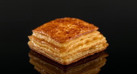 Golden Layers Delight, A Culinary Structure. Sweetness, Light and Shadow Dance on the Plate.