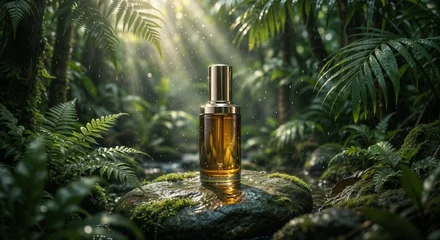 Poster Toilet Elegant Amber Skincare Bottle on Wet Stone in Tropical Rainforest  © MAHBUBURRAHMAN