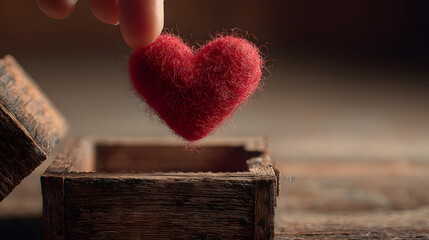 Hand of a person dropping a red felt heart into a wooden donation box. Concept of giving, charity, and love for Valentines Day.