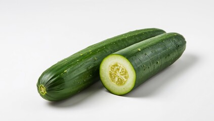 Green Cylinders with Water Droplets, a Sliced One Reveals a Circular Core, Light Background.