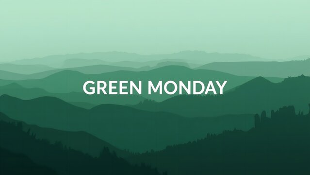 A serene mountain landscape with a green hue and the words Green Monday in the center - Powered by Adobe