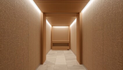 Interior Perspective. Rectangular Opening with Textured Walls and Linear Lighting, Neutral Tones.