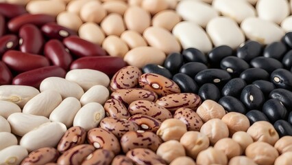 A vibrant assortment of dried beans and legumes arranged in colorful sections, showcasing natural texture and variety.