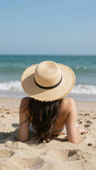 Young Woman Lying on Beach Wearing Straw Hat, Cinematic Summer Mood