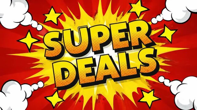 Super deals comic book style animation with bursting effects on red background for promotion.