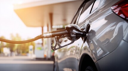 a silver car being refueled with gas, focus on the nozzle and the fuel port, morning light, clean and professional look